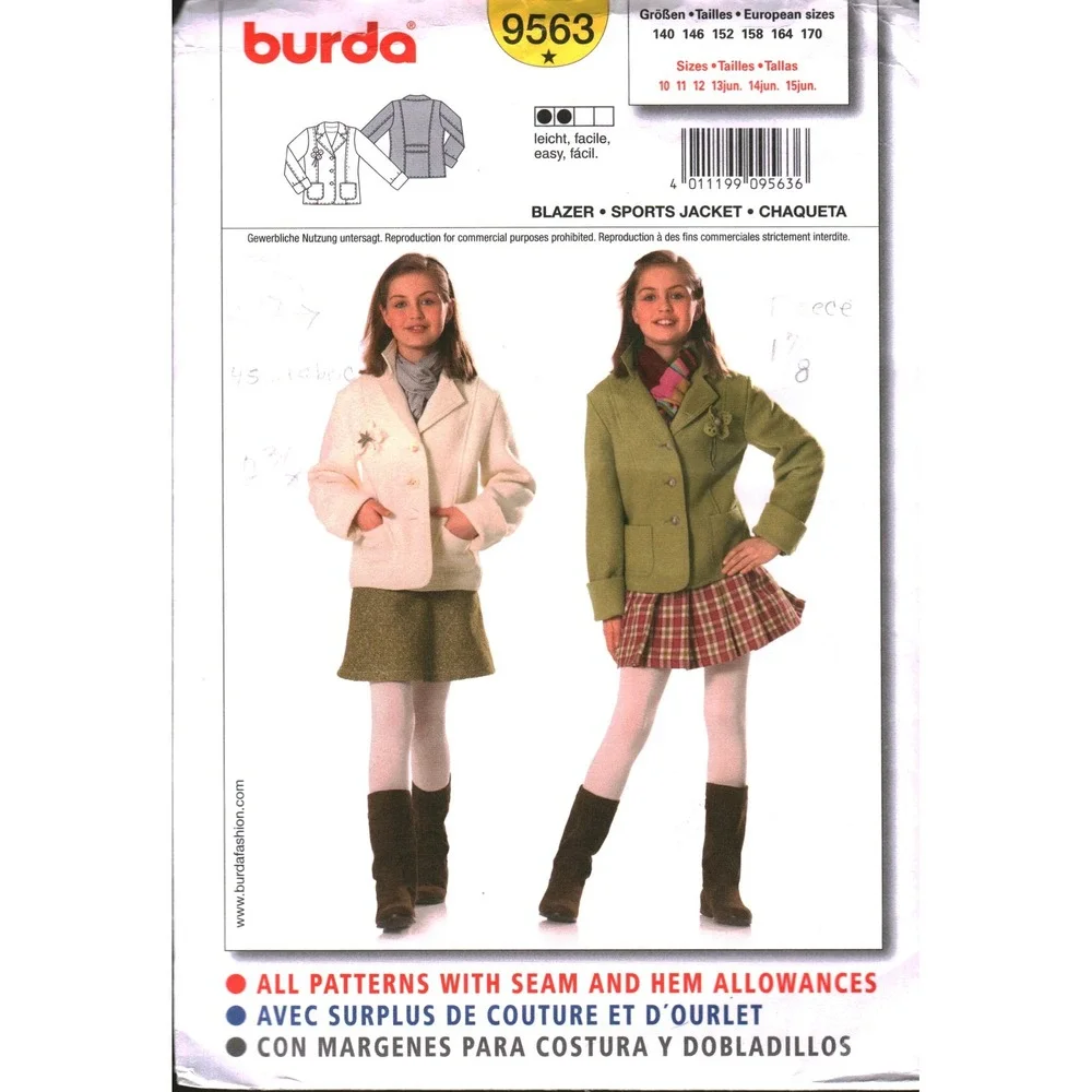 Burda 9563 Girls Sports Jacket Blazer Sewing Pattern Sizes 10-15 Semi-Fitted